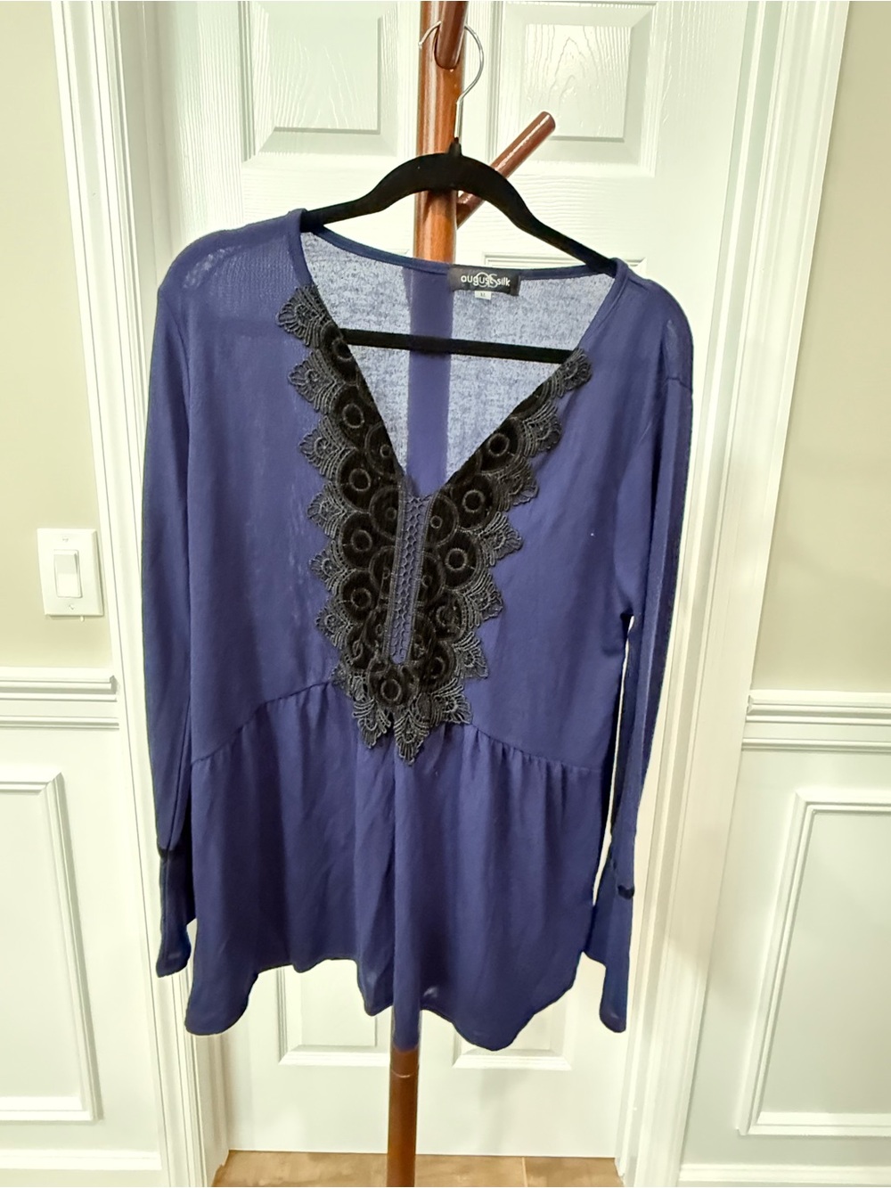 august silk Navy Long-Sleeve Tunic with Black Lace V-Detail